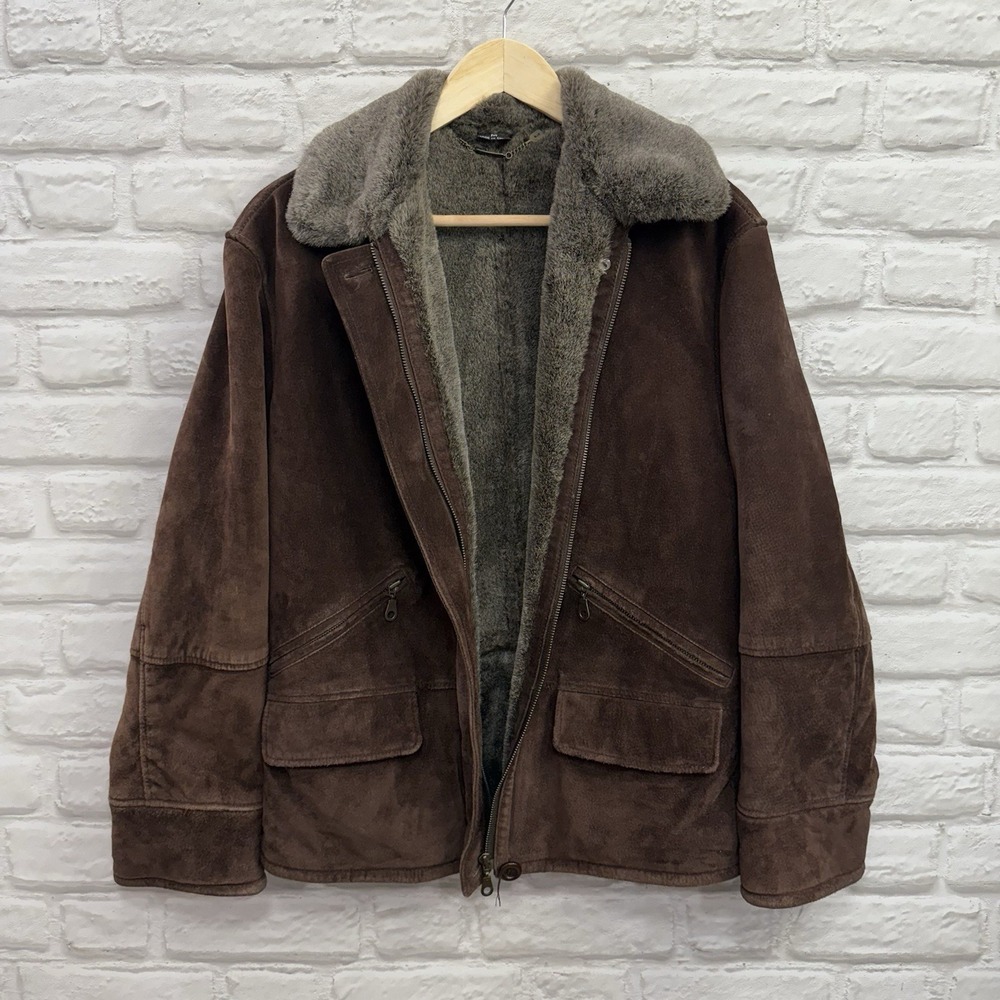 Vintage Gallery Leather Brown Suede Bomber Jacket Faux Fur Lining Womans Size M